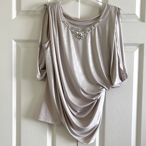 Jennifer Lopez Tops - 💋SALE💋Jennifer Lopes Asymmetric Taupe Underlined Stone Beaded Blouse, Size M.